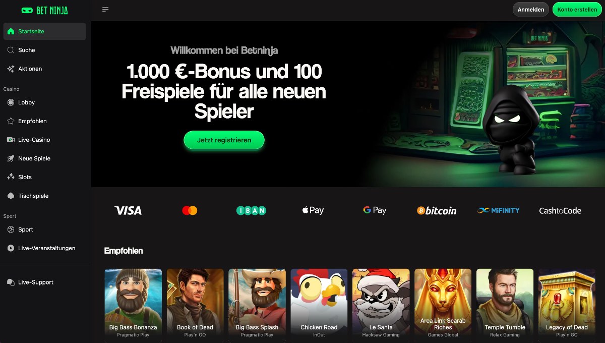 Wer moderne Zahlungsmethoden schätzt, findet in Betninja ein krypto-fokussiertes Casino ohne OASIS, das zudem bequeme Einzahlungen via Apple Pay und Google Pay ohne OASIS-Registrierungspflicht ermöglicht.